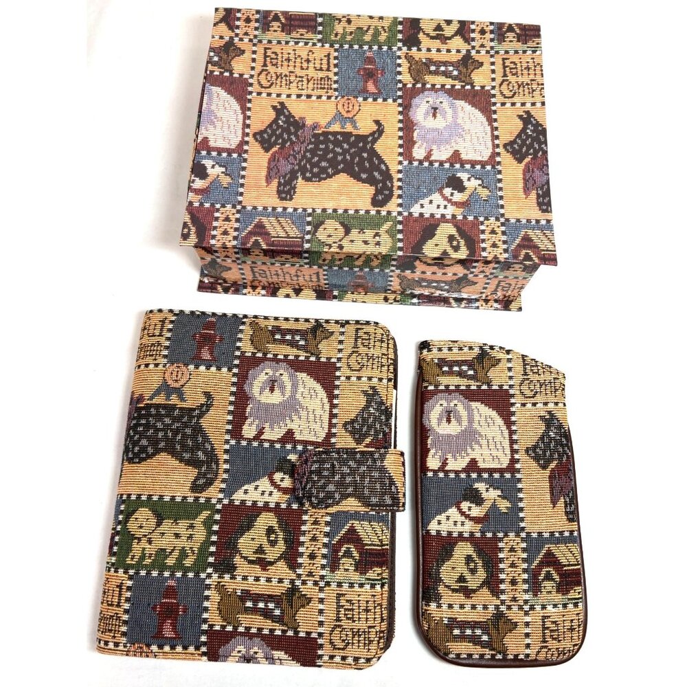Vintage Dog Tapestry Friendly Dogs Journal, Eyeglass Case Set, & Box Crazy Dog L